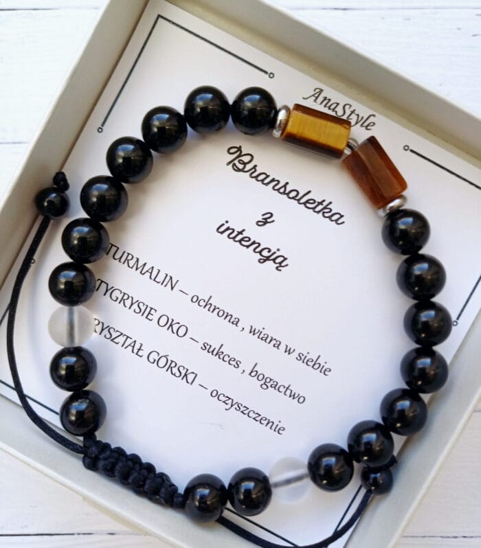 Bransoletka Turmalin,  tygrysie oko & kryształ górski