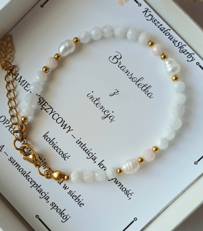 Kamień księżycowy, różowy opal & perła