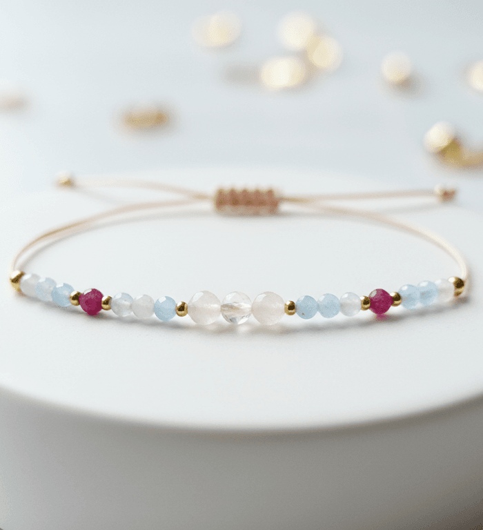 Bransoletka Akwamaryn , Rubin & Kwarc Różowy