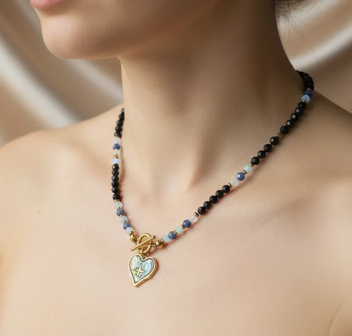 Czarny turmalin  akwamaryn, amazonit, kwarc różowy & sodalit