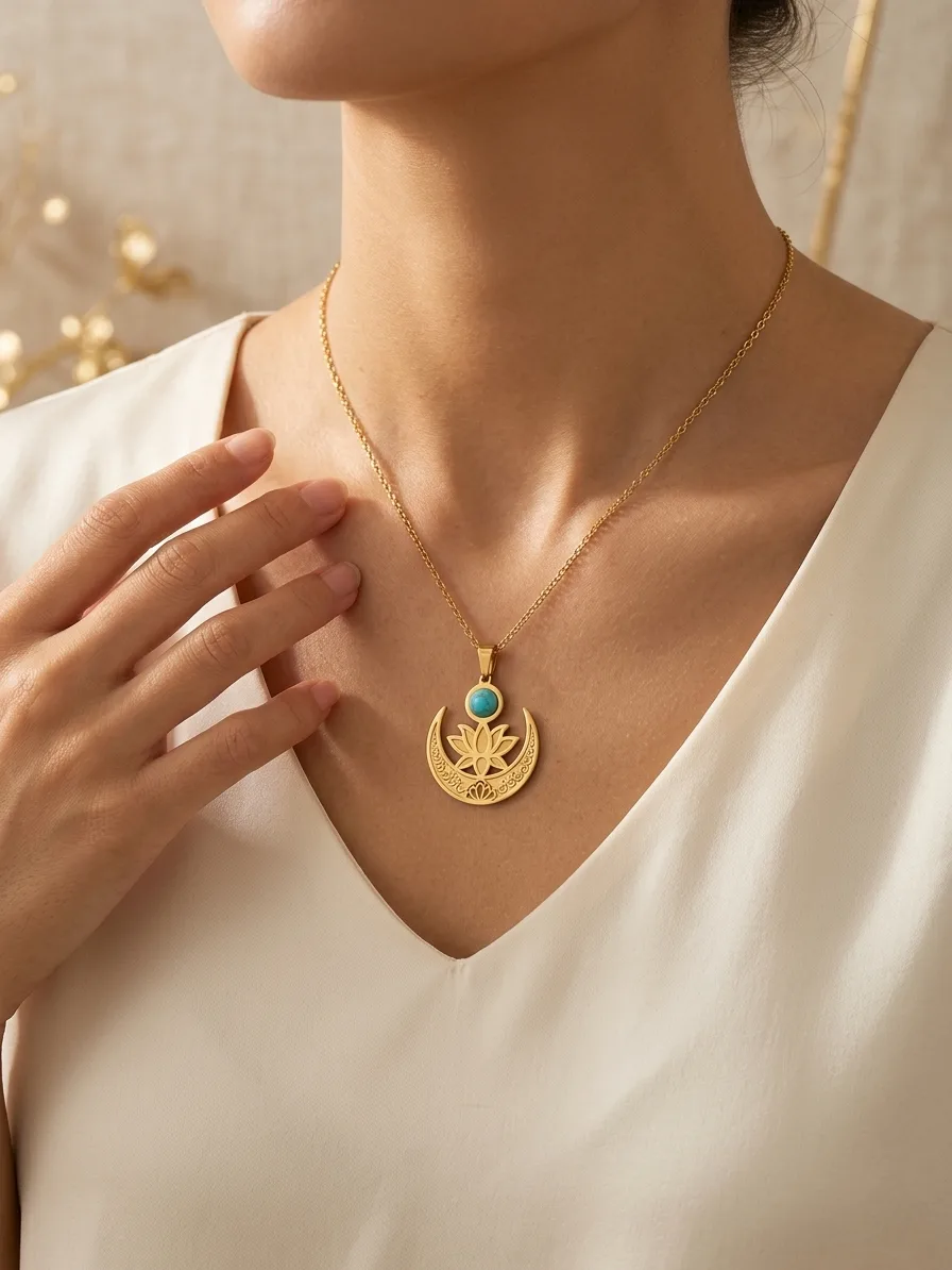 Naszyjnik Lunula, kwiat lotosu & Turkus - obrazek 2