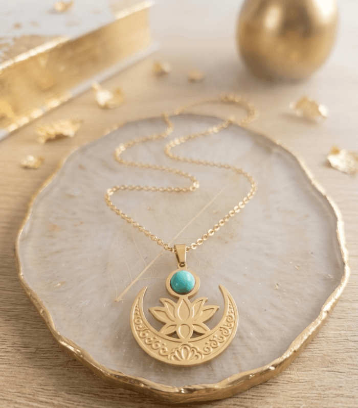 Naszyjnik Lunula, kwiat lotosu & Turkus