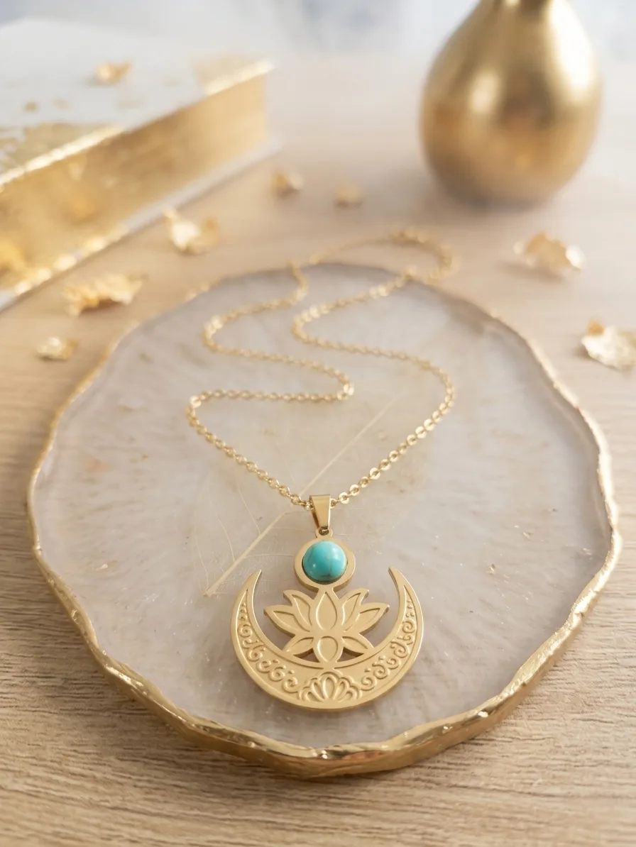 Naszyjnik Lunula, kwiat lotosu & Turkus