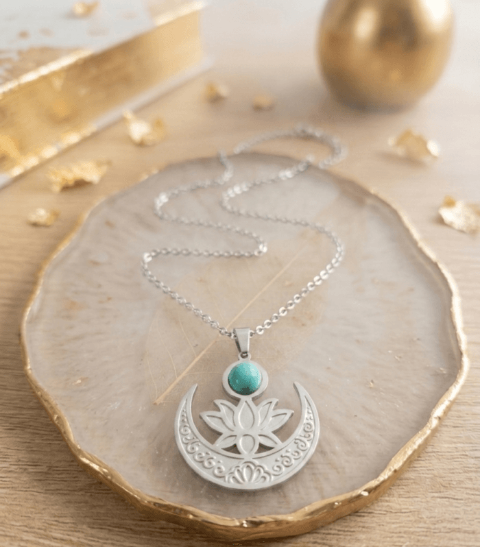 Naszyjnik lunula, kwiat lotosu & Turkus