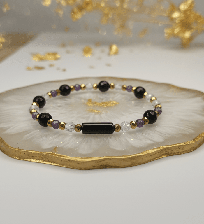 Bransoletka Turmalinem, Kryształ górski, Ametyst, Agat & Hematyt